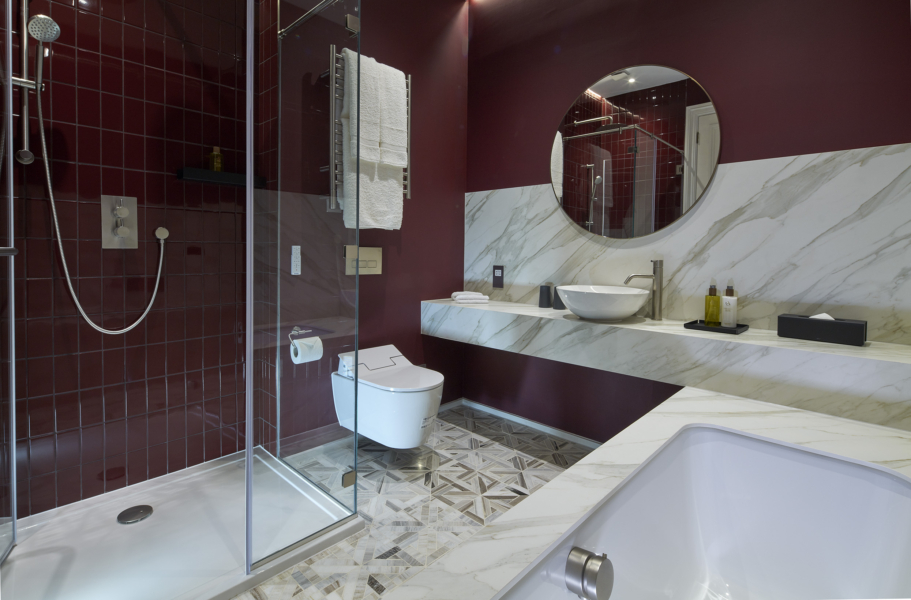 Lexham Gardens by Cheval Maison red marble bathroom